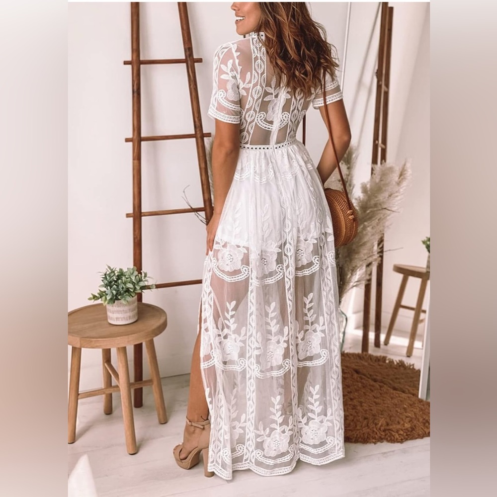 Eleter Women's Deep V-Neck Lace Romper Short Sleeve Long Dress